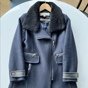 Trina Turk Navy Wool Coat With Genuine Shearling  Fur Collar, Size 2